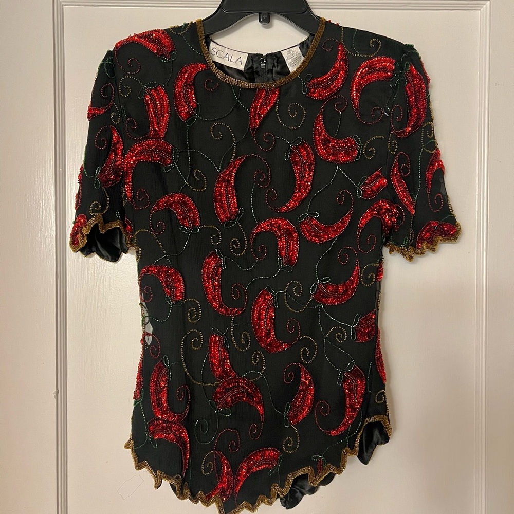 Vintage Scala Red Chili Pepper Beaded Top